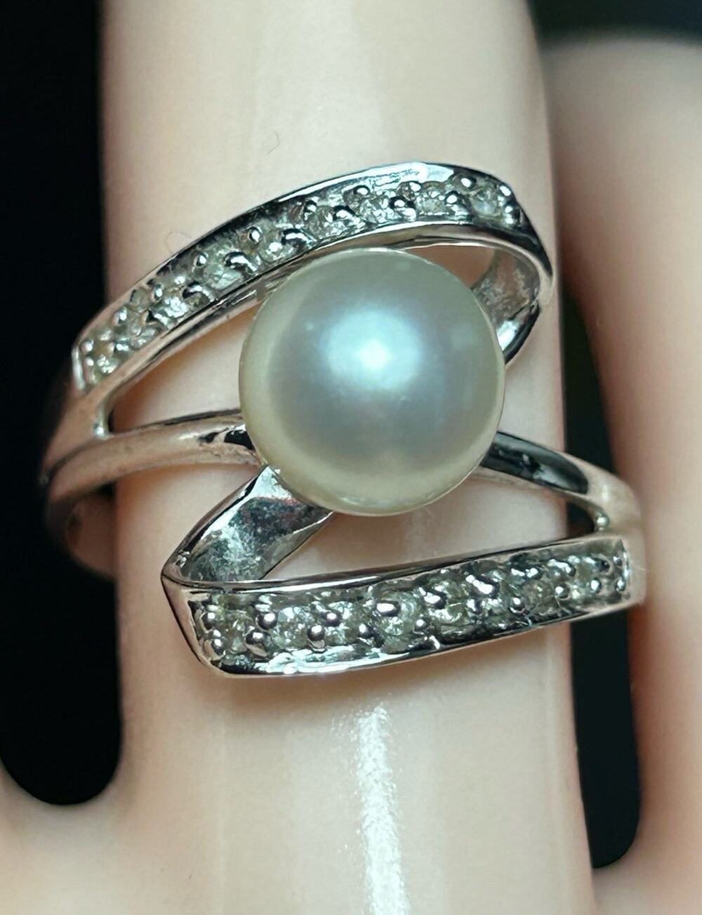 Vintage 14k solid white gold white pearl diamond accented bypass ring size 7